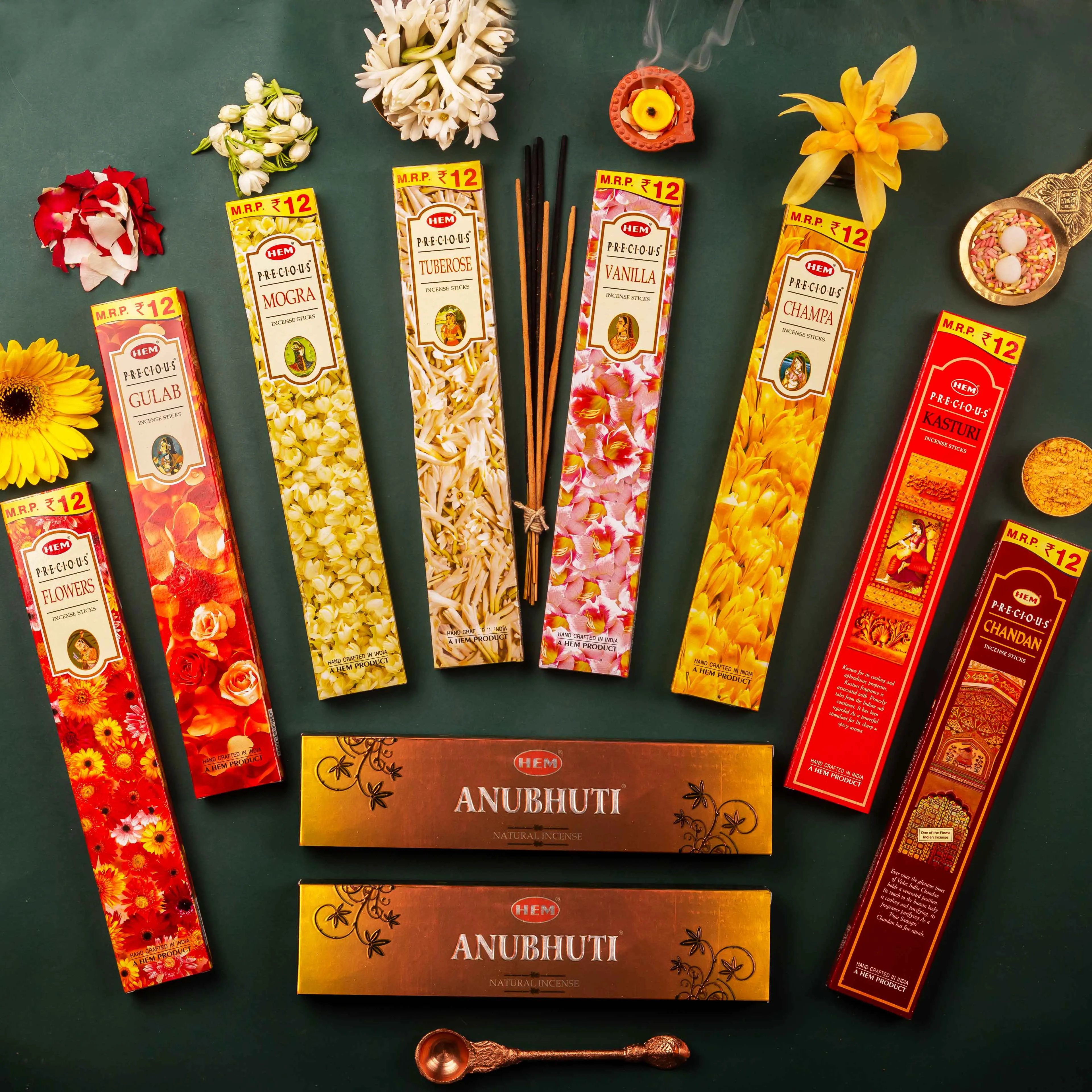 » HEM Precious 8 Assorted Incense Sticks Packs of 8 (15g Each)   2 Anubhuti Masala Incense Sticks (20g Each) (100% off)