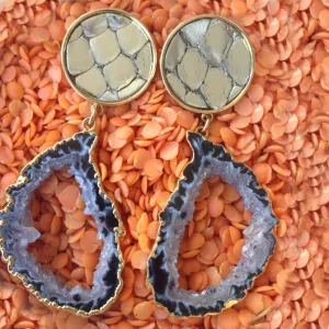 14K Gold Plated Earrings with Agate and Silver Dyed Python