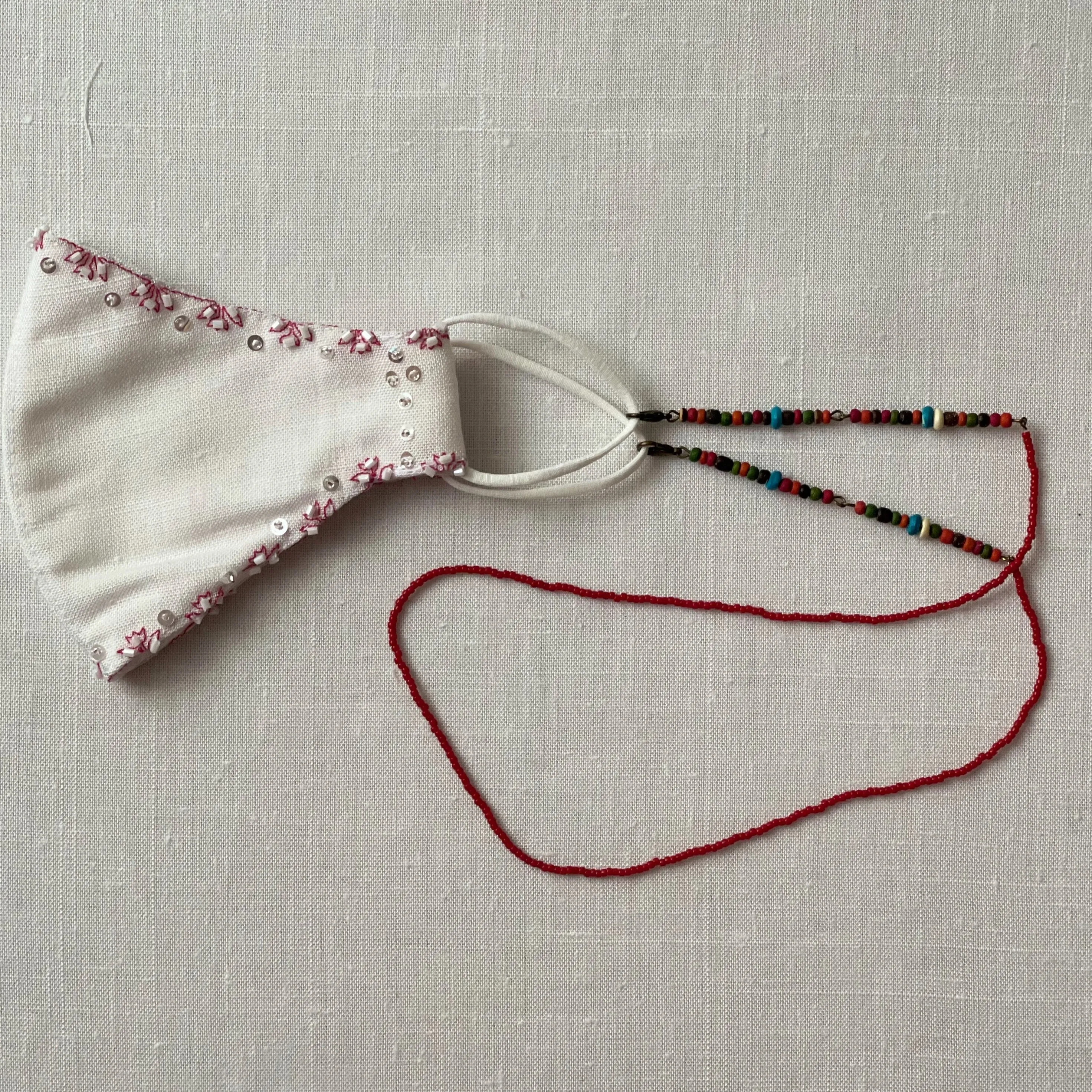 25 inch colored wood beads face mask chain with red beads and brass accents
