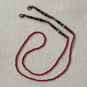 25 inch colored wood beads face mask chain with red beads and brass accents