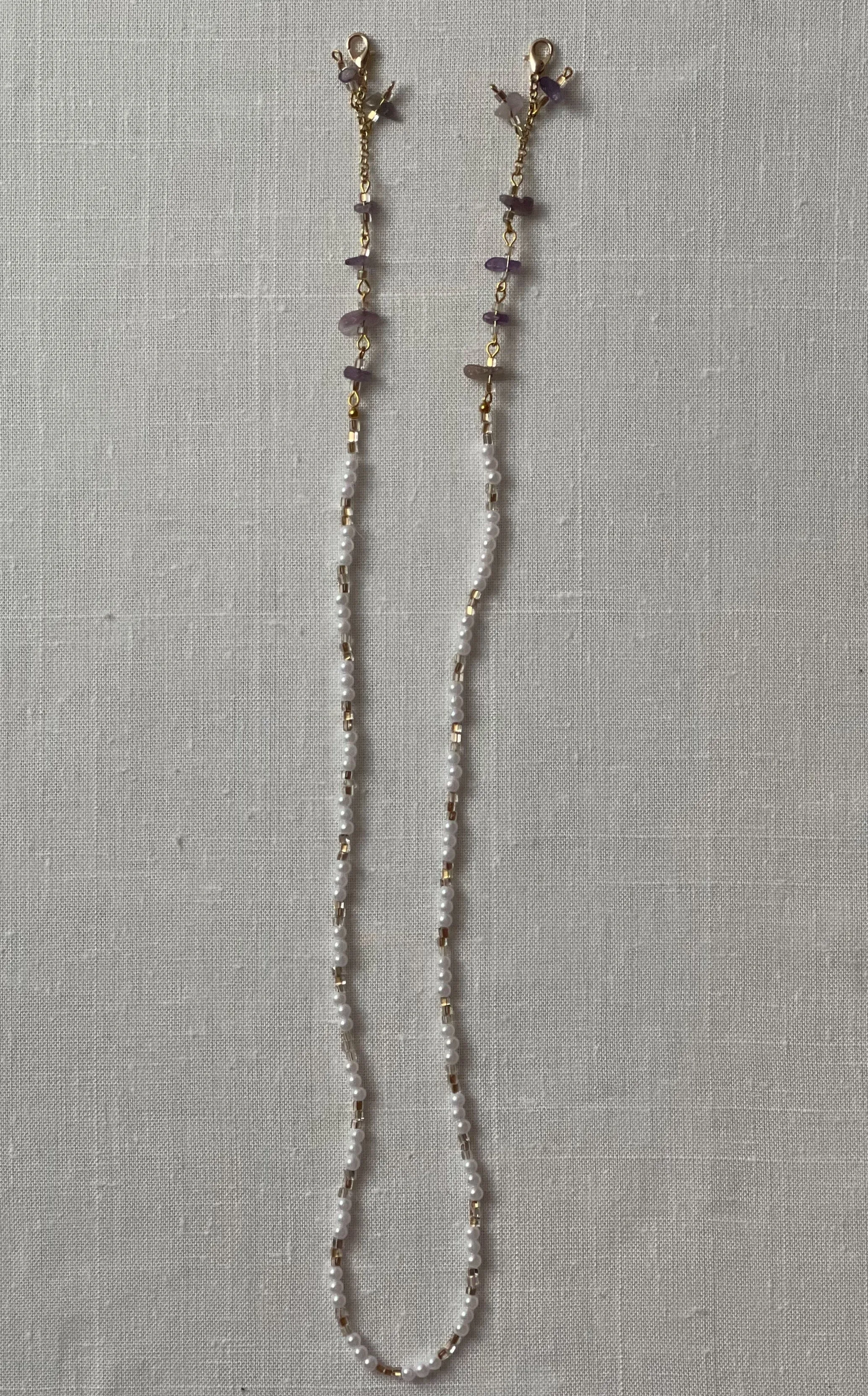 26 inch beaded face mask chain with pearls, gold accents and amethyst gems