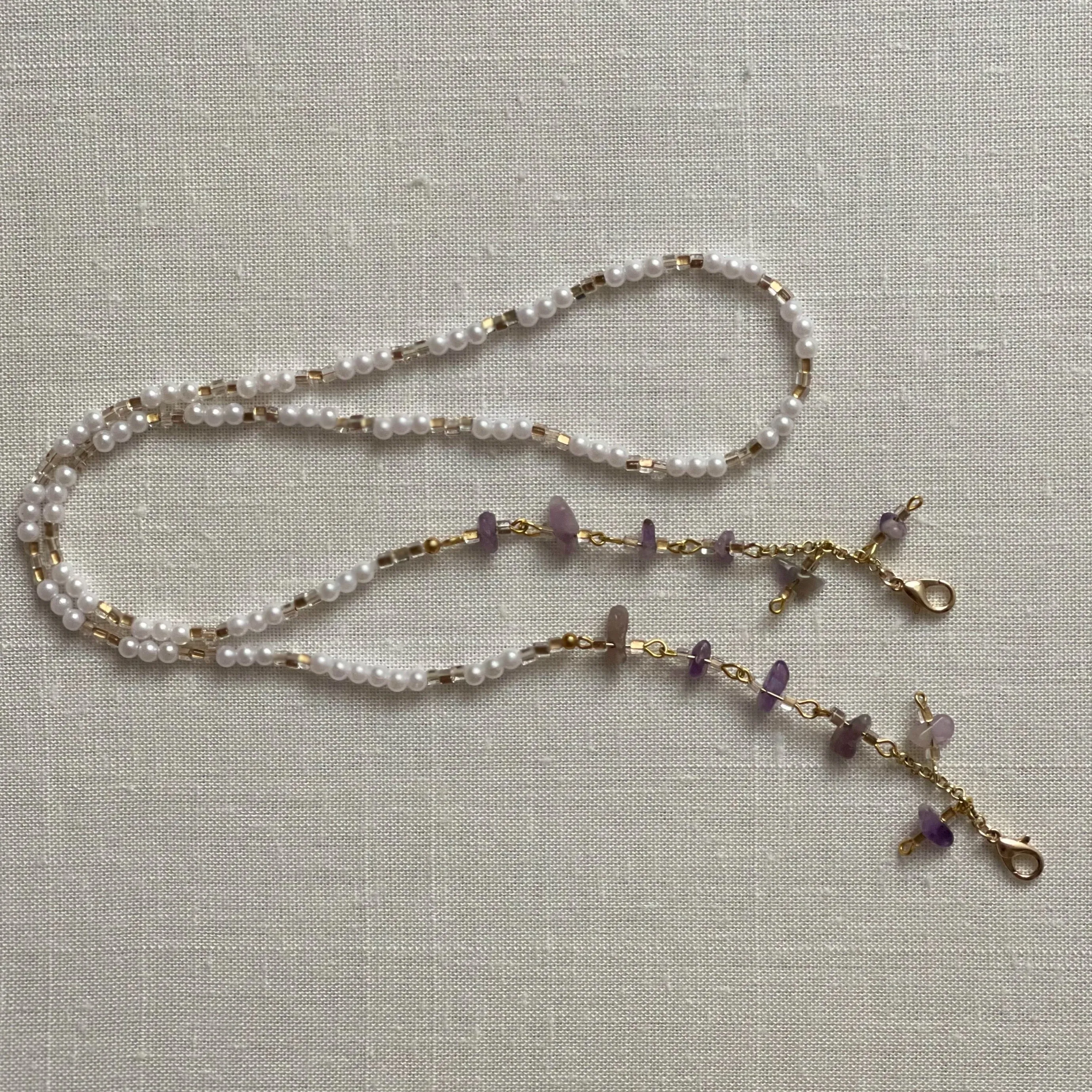 26 inch beaded face mask chain with pearls, gold accents and amethyst gems