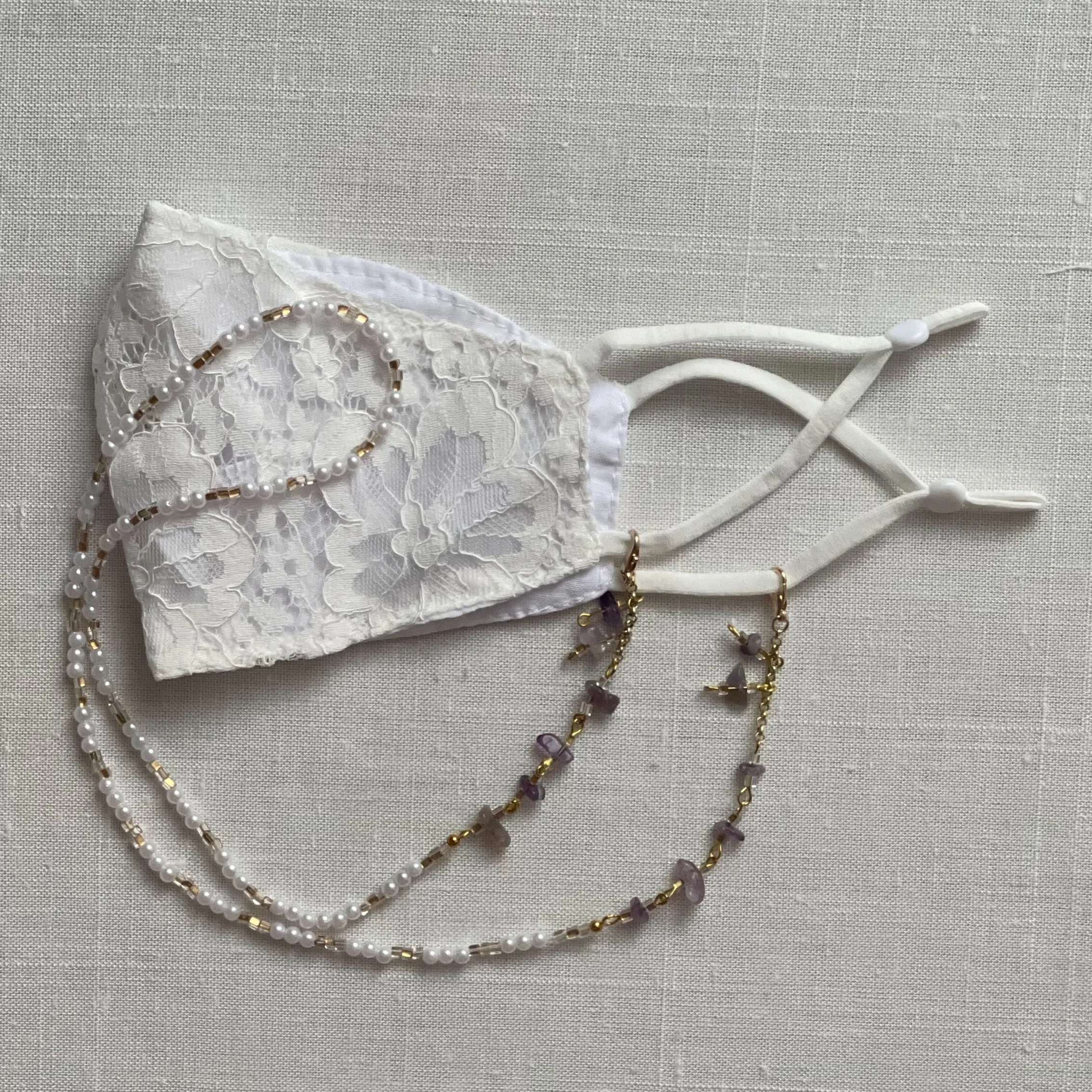 26 inch beaded face mask chain with pearls, gold accents and amethyst gems