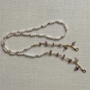 26 inch beaded face mask chain with pearls, gold accents and amethyst gems
