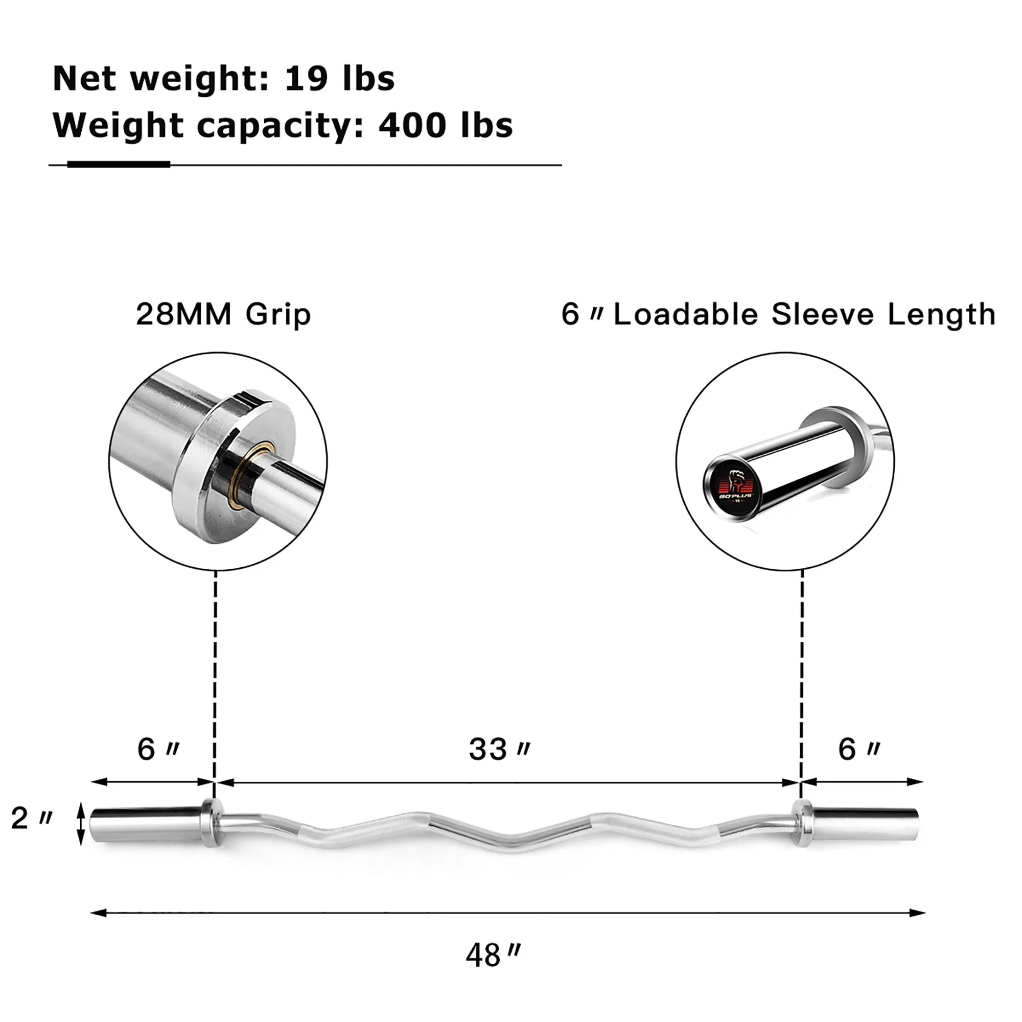 48''Chrome Steel Olympic EZ Curl Bar 28mm Grip Home Gym Fitness Equipment Silver