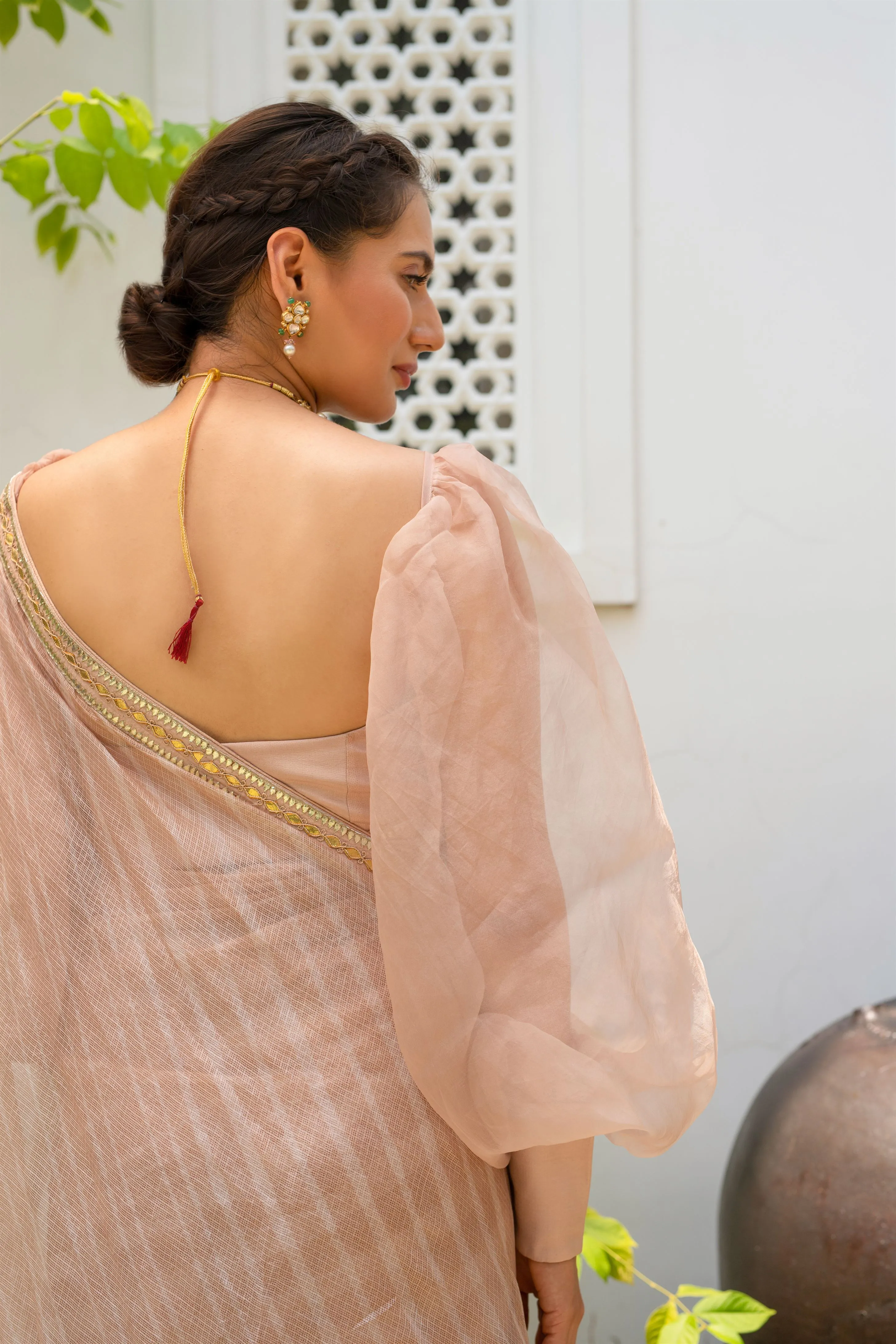 Aarti Sethia Studio    I   Beige Nude Hand Embroidered Lahariya Saree Set