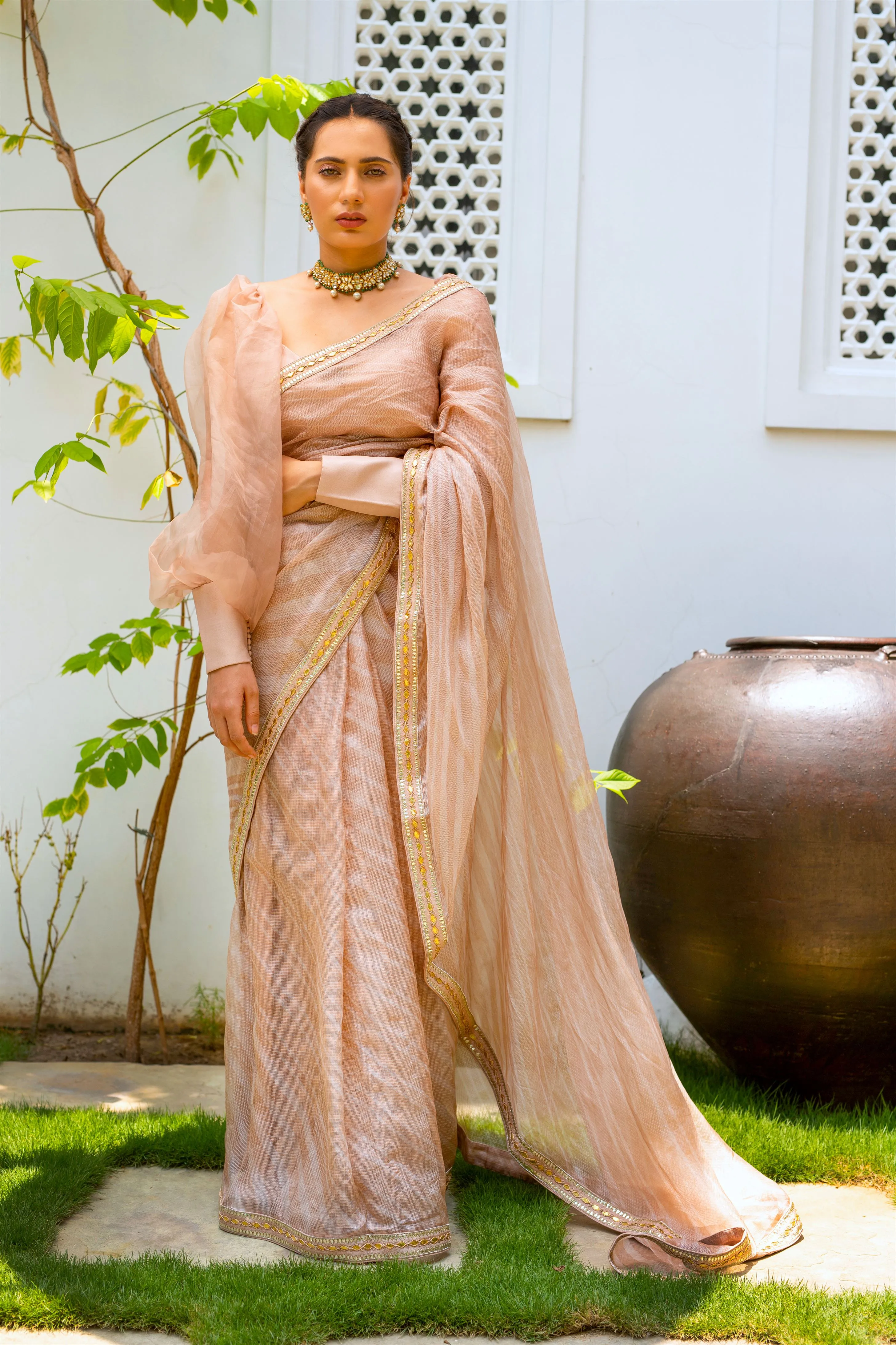 Aarti Sethia Studio    I   Beige Nude Hand Embroidered Lahariya Saree Set