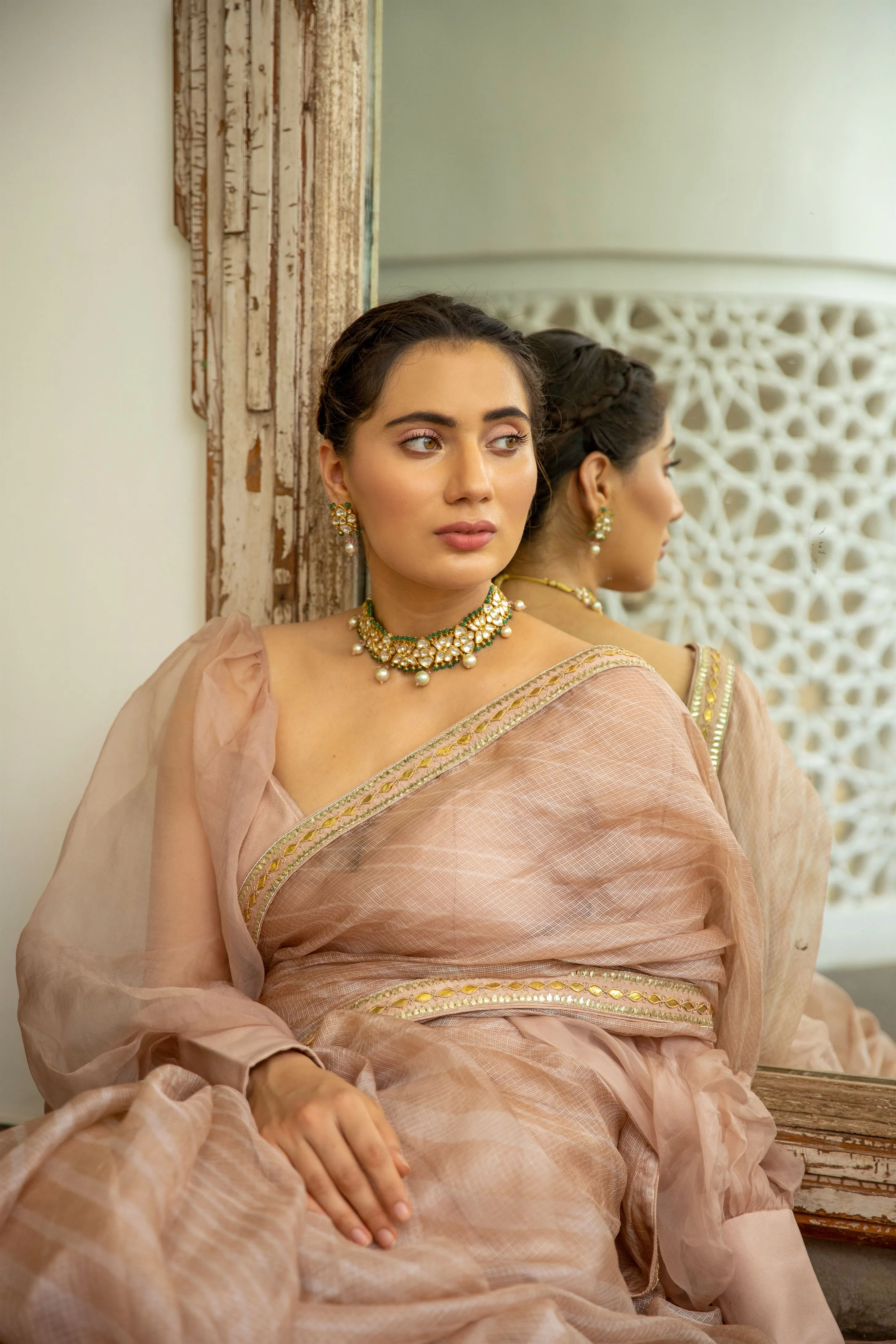 Aarti Sethia Studio    I   Beige Nude Hand Embroidered Lahariya Saree Set