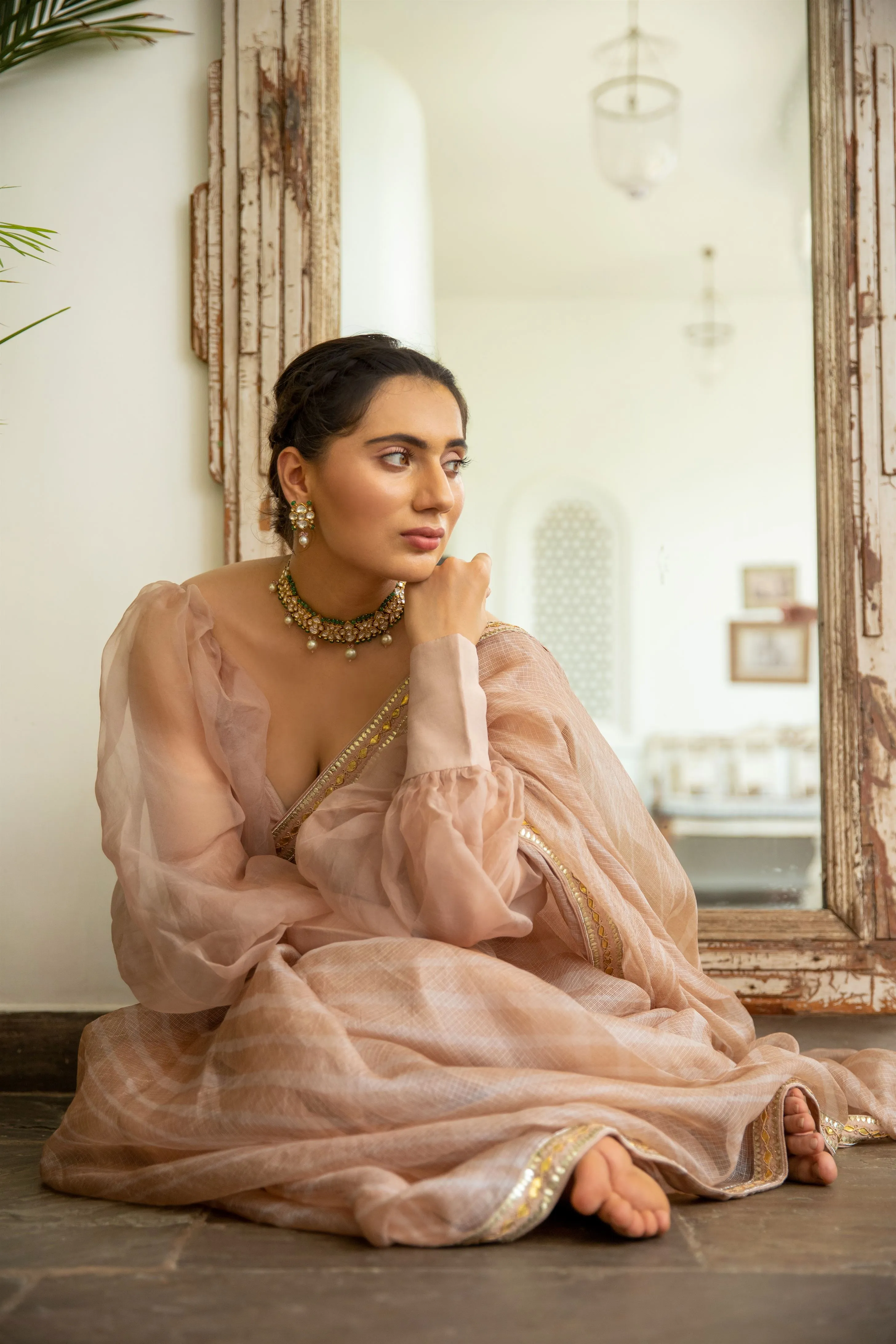 Aarti Sethia Studio    I   Beige Nude Hand Embroidered Lahariya Saree Set