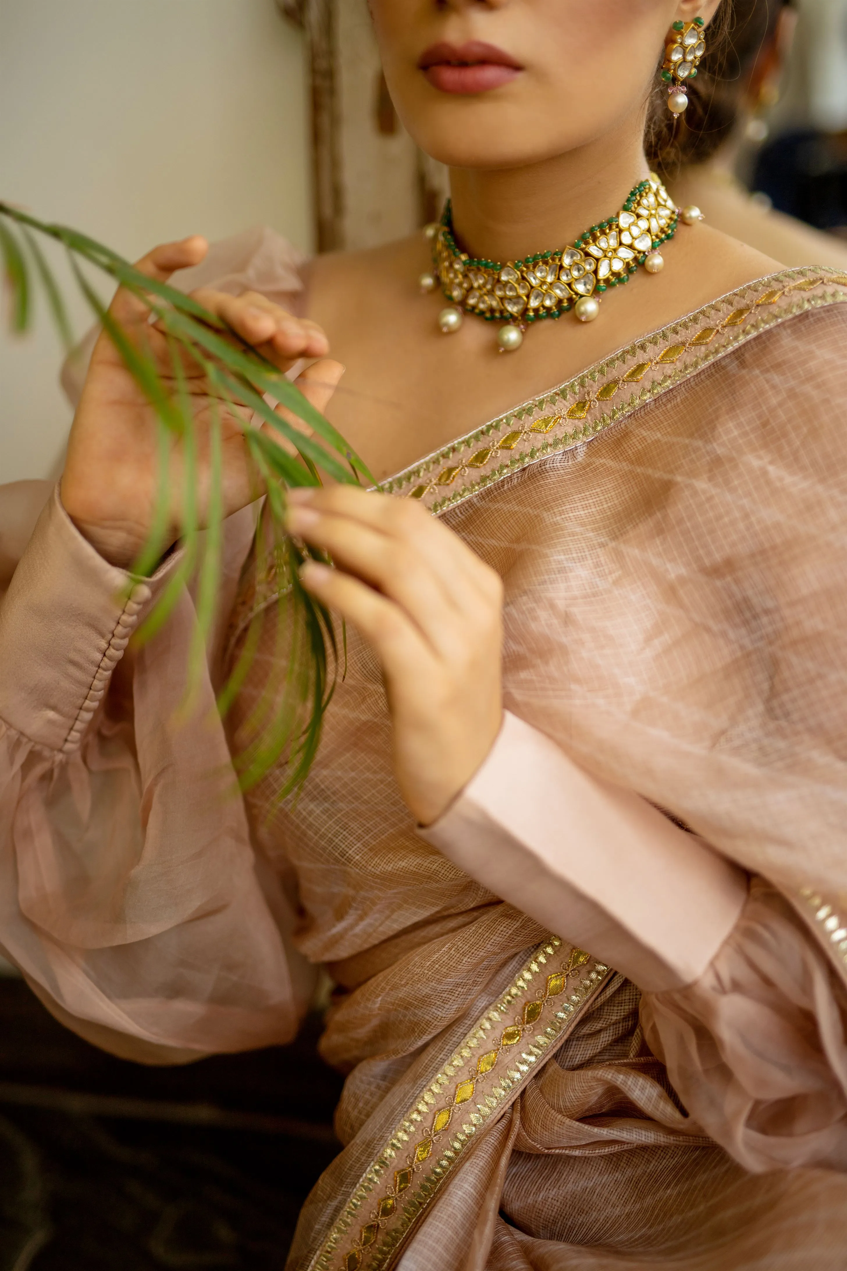 Aarti Sethia Studio    I   Beige Nude Hand Embroidered Lahariya Saree Set