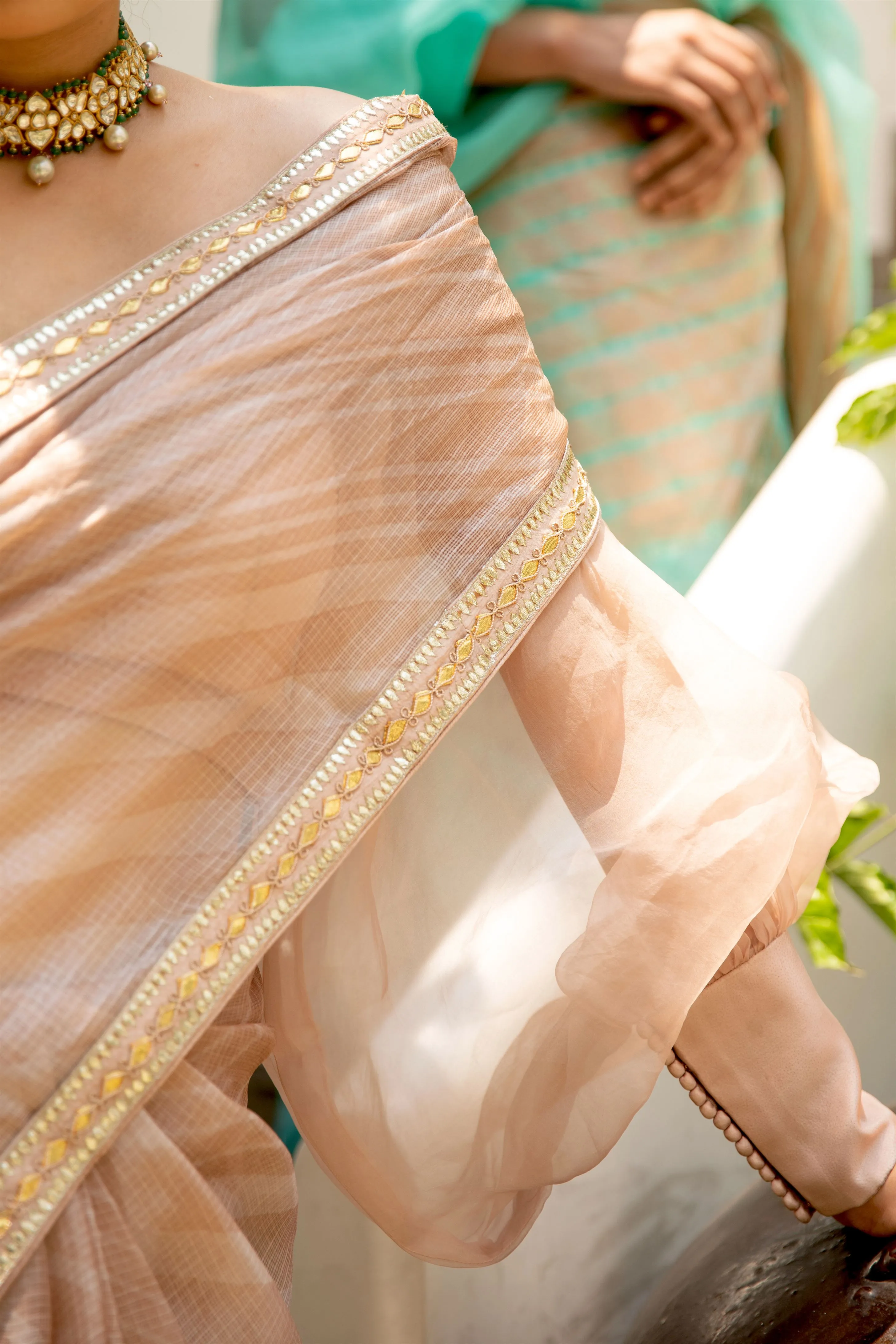 Aarti Sethia Studio    I   Beige Nude Hand Embroidered Lahariya Saree Set