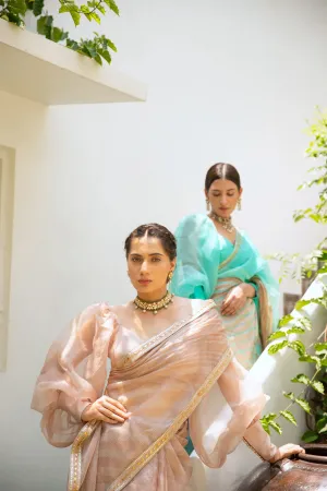 Aarti Sethia Studio    I   Beige Nude Hand Embroidered Lahariya Saree Set