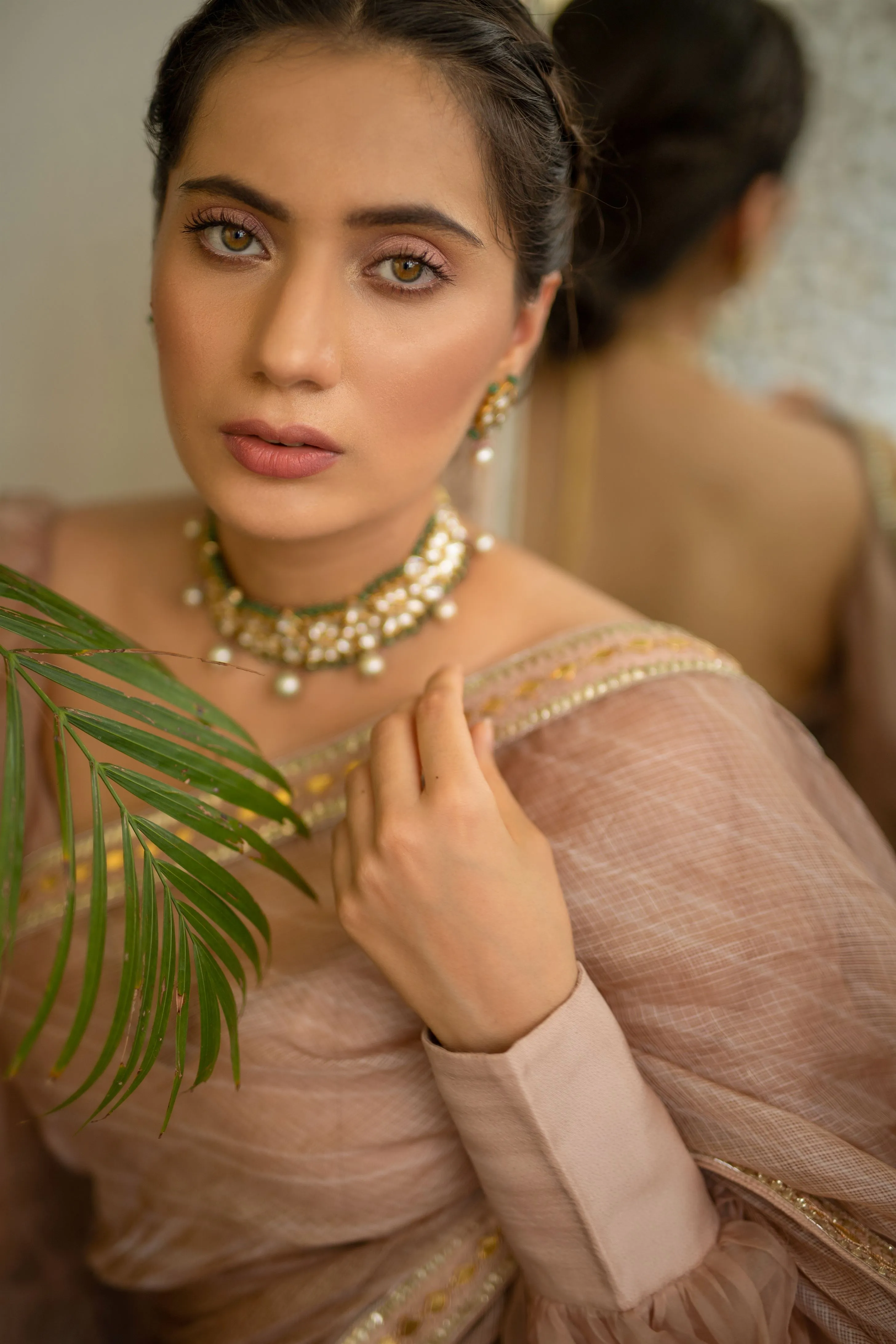 Aarti Sethia Studio    I   Beige Nude Hand Embroidered Lahariya Saree Set