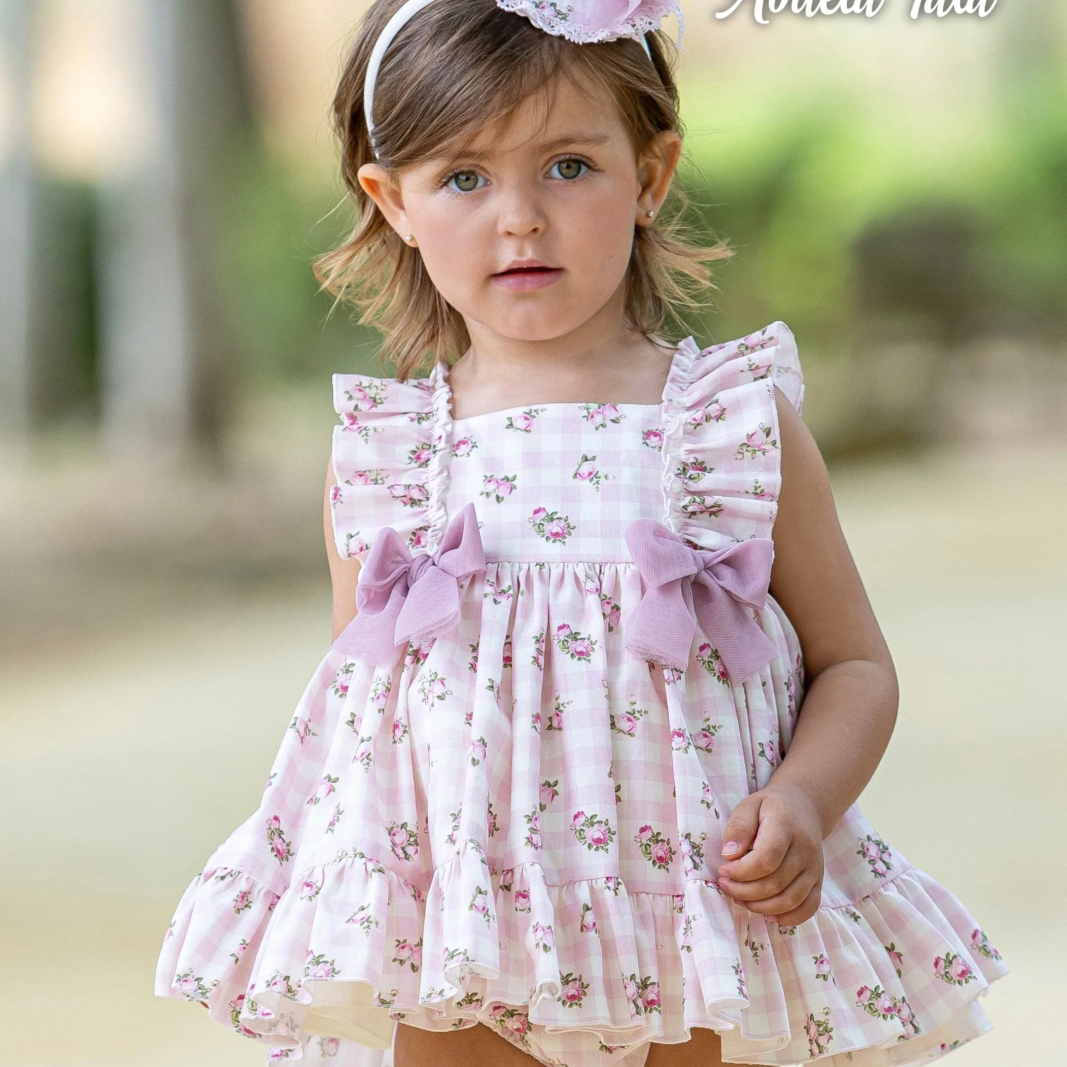 ABUELA TATA - Gingham Ditzy Rose Print Baby Dress & Bonnet - Pink