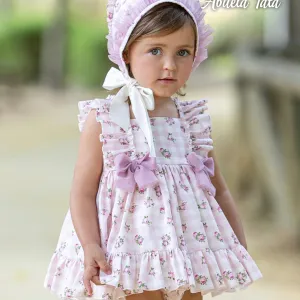 ABUELA TATA - Gingham Ditzy Rose Print Baby Dress & Bonnet - Pink