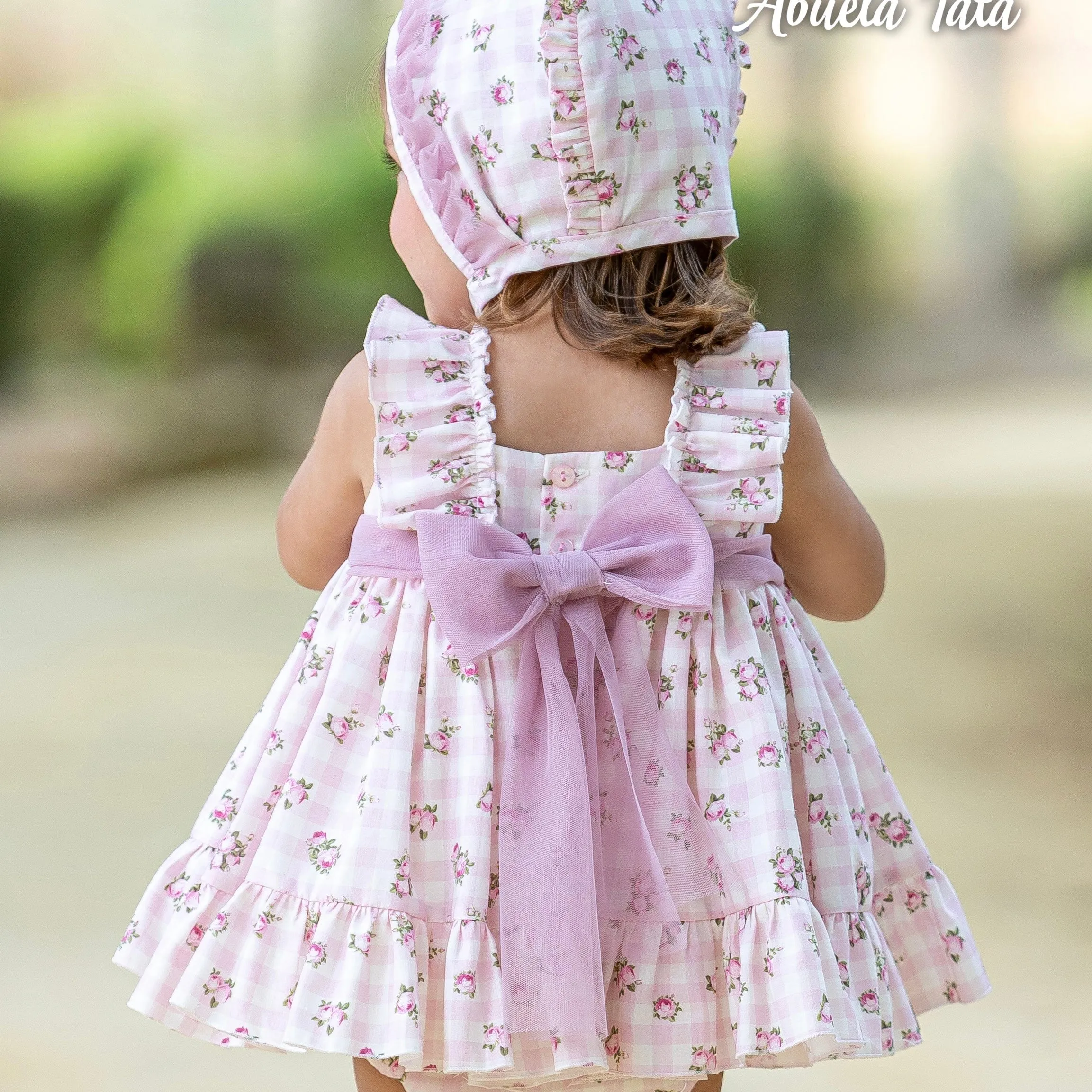 ABUELA TATA - Gingham Ditzy Rose Print Baby Dress & Bonnet - Pink