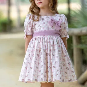 ABUELA TATA - Gingham Ditzy Rose Print Puffball Dress - Pink