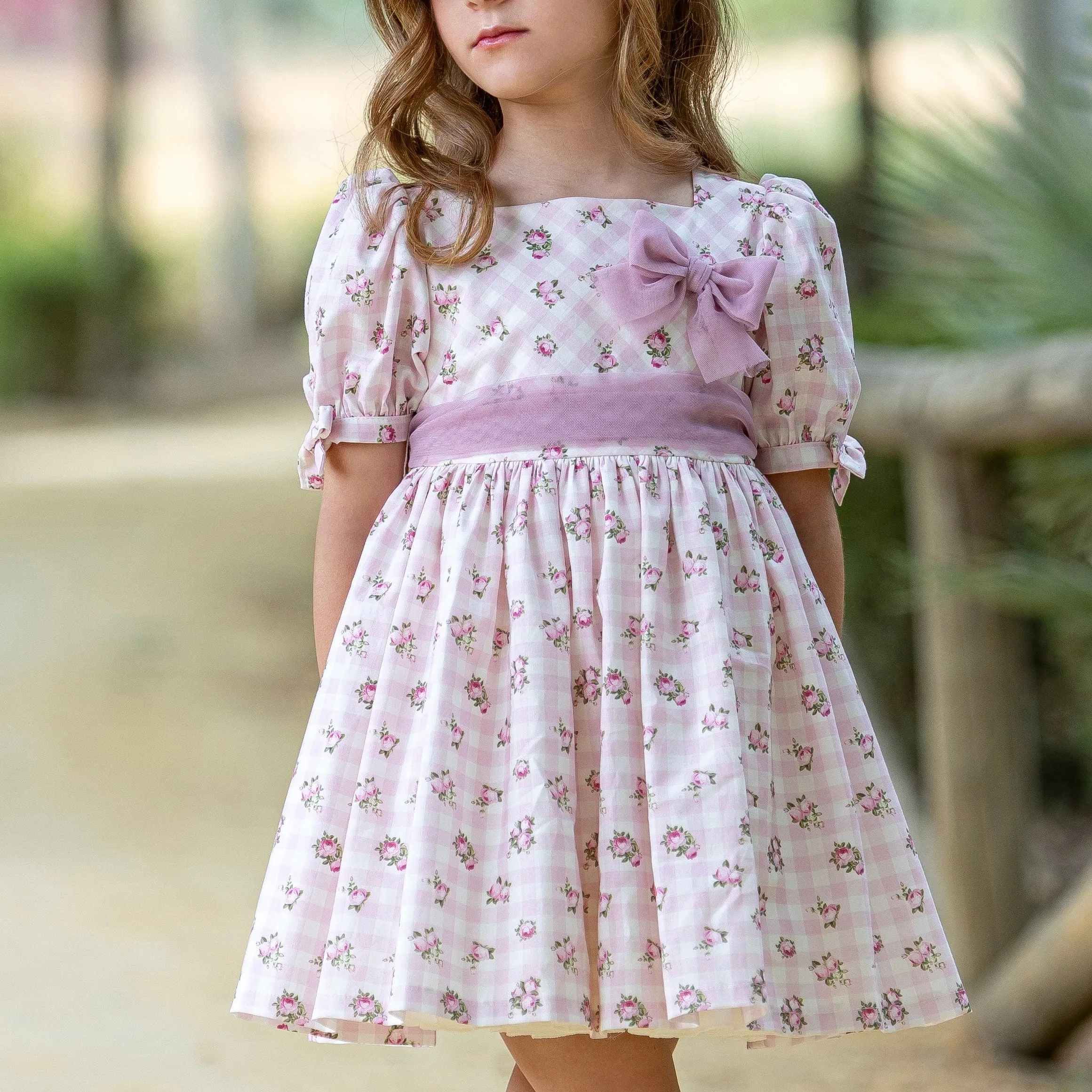 ABUELA TATA - Gingham Ditzy Rose Print Puffball Dress - Pink