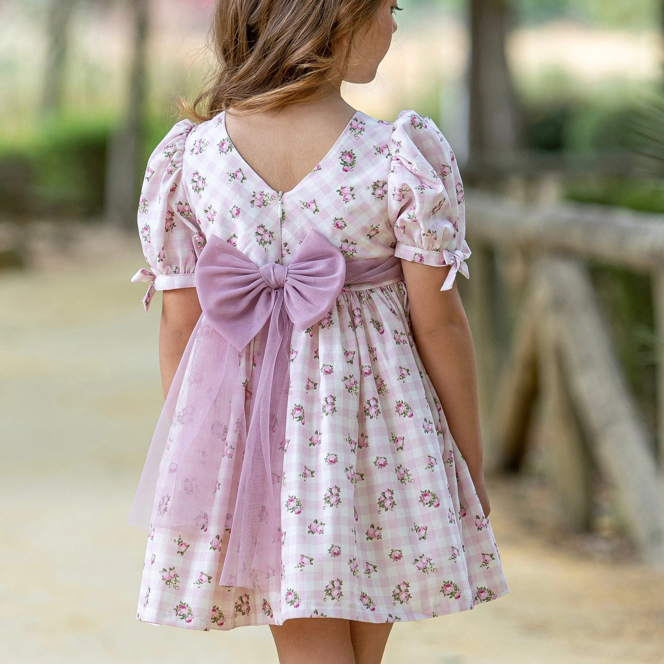 ABUELA TATA - Gingham Ditzy Rose Print Puffball Dress - Pink