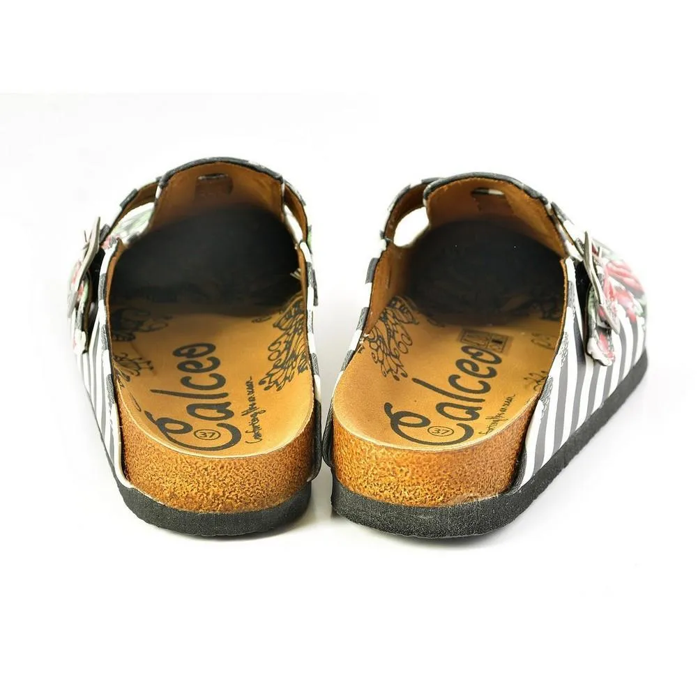 Black and White Straight Striped, Black Butterfly and Red Flowers Patterned Clogs - WCAL363