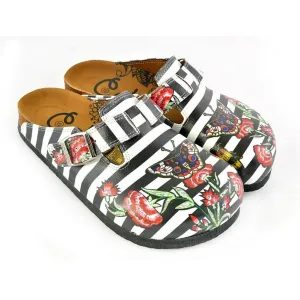 Black and White Straight Striped, Black Butterfly and Red Flowers Patterned Clogs - WCAL363