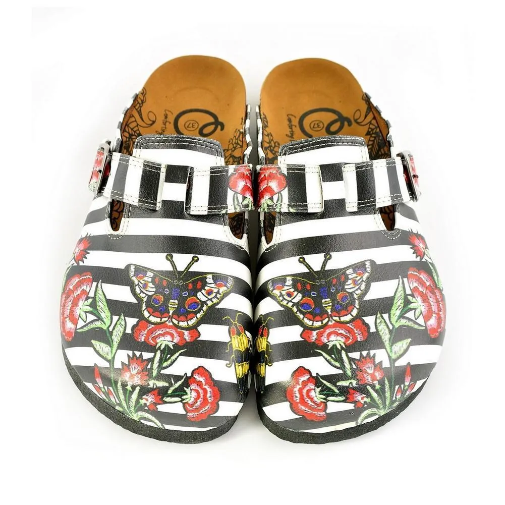 Black and White Straight Striped, Black Butterfly and Red Flowers Patterned Clogs - WCAL363