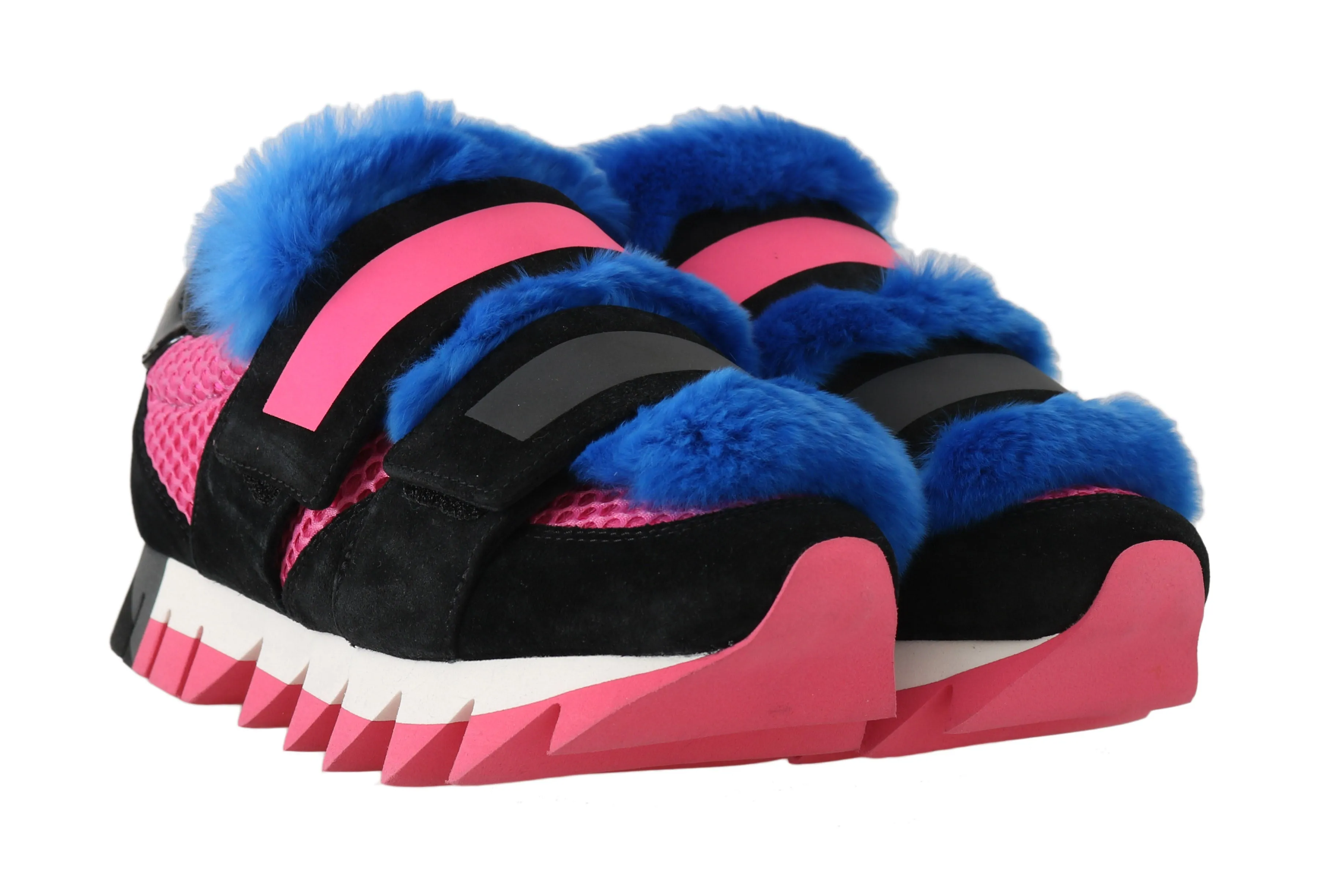 Black Leather Blue Fur Shoes Sneakers