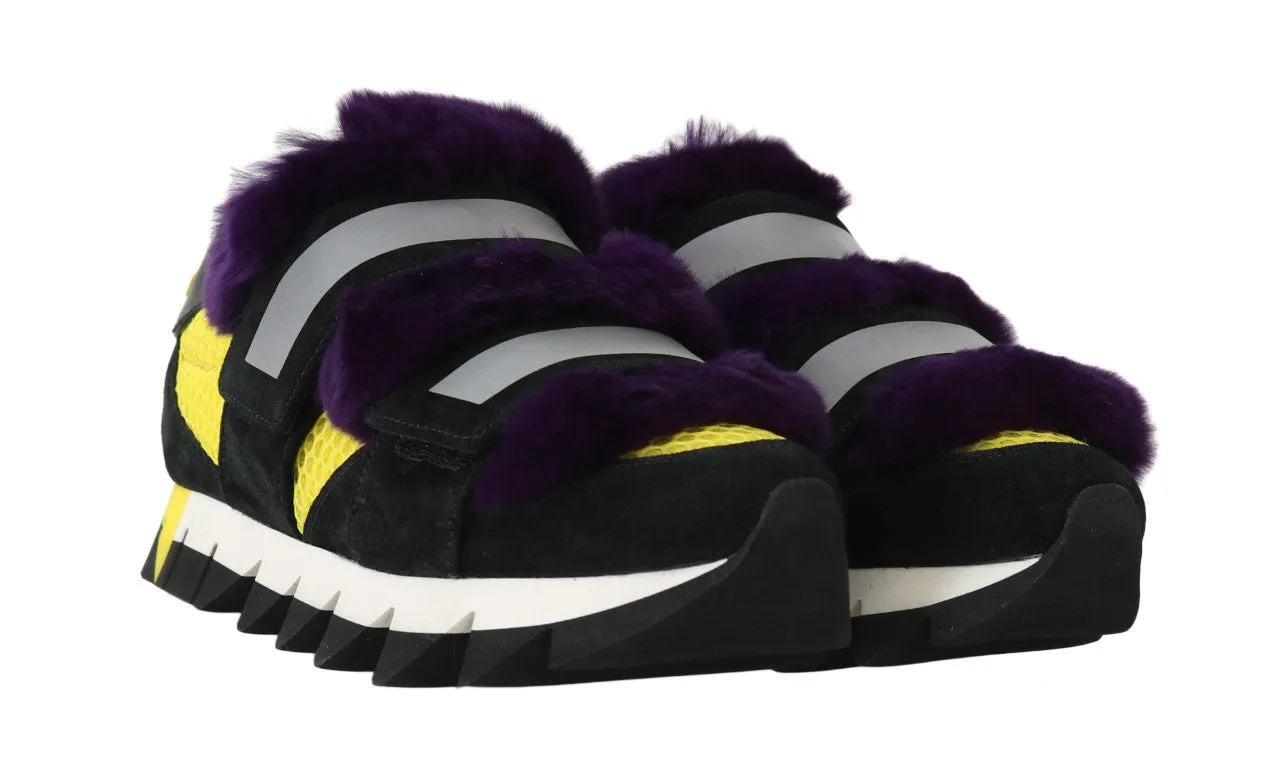 Black Leather Purple Fur Sneakers