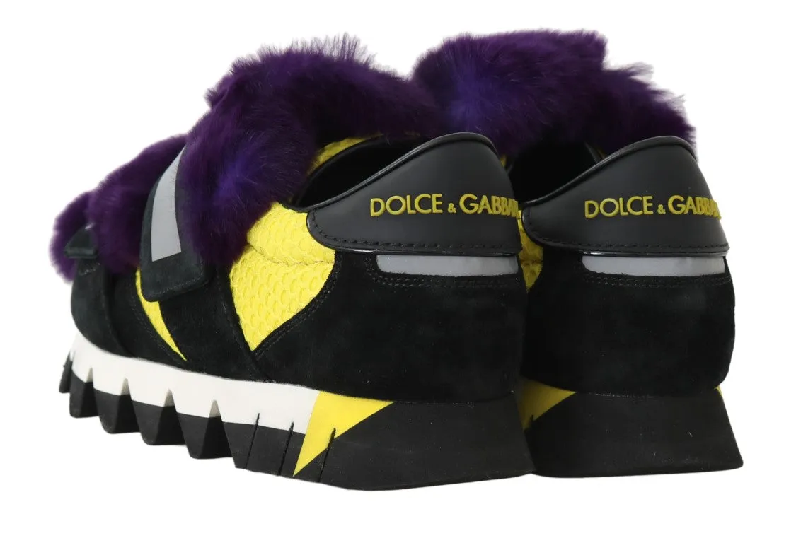 Black Leather Purple Fur Sneakers