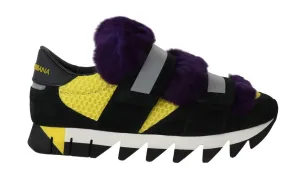 Black Leather Purple Fur Sneakers