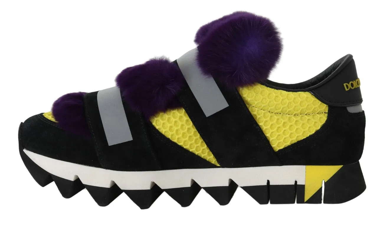 Black Leather Purple Fur Sneakers
