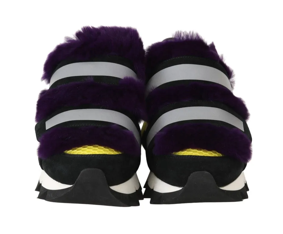 Black Leather Purple Fur Sneakers