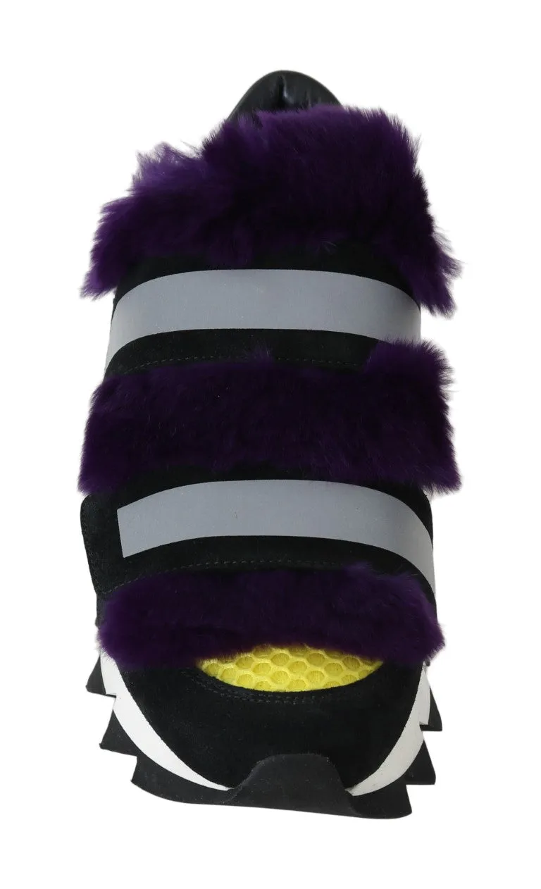 Black Leather Purple Fur Sneakers