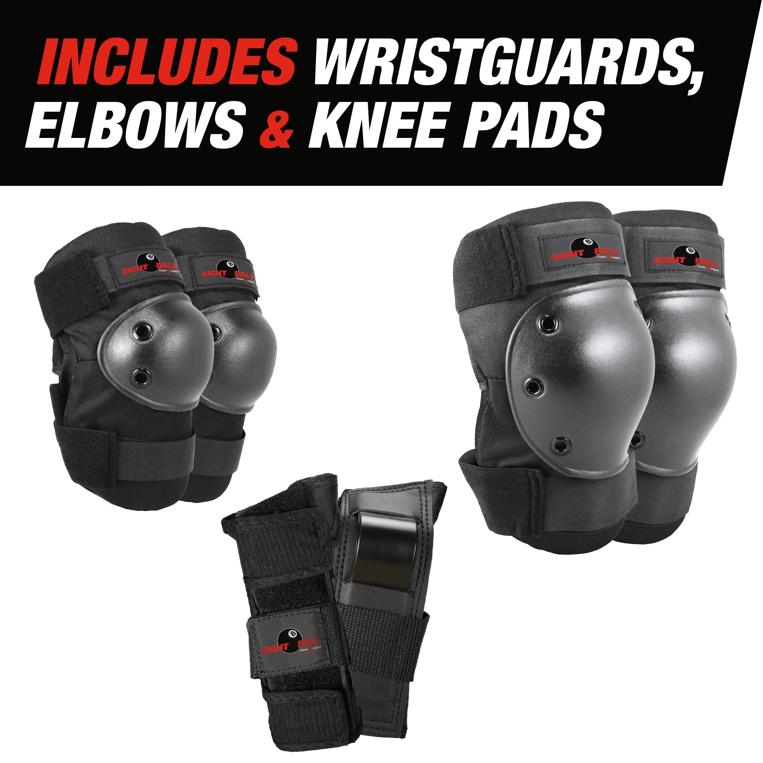 Black Pads for Bike, Skate, and Scooter, 3Pk, Youth 8 