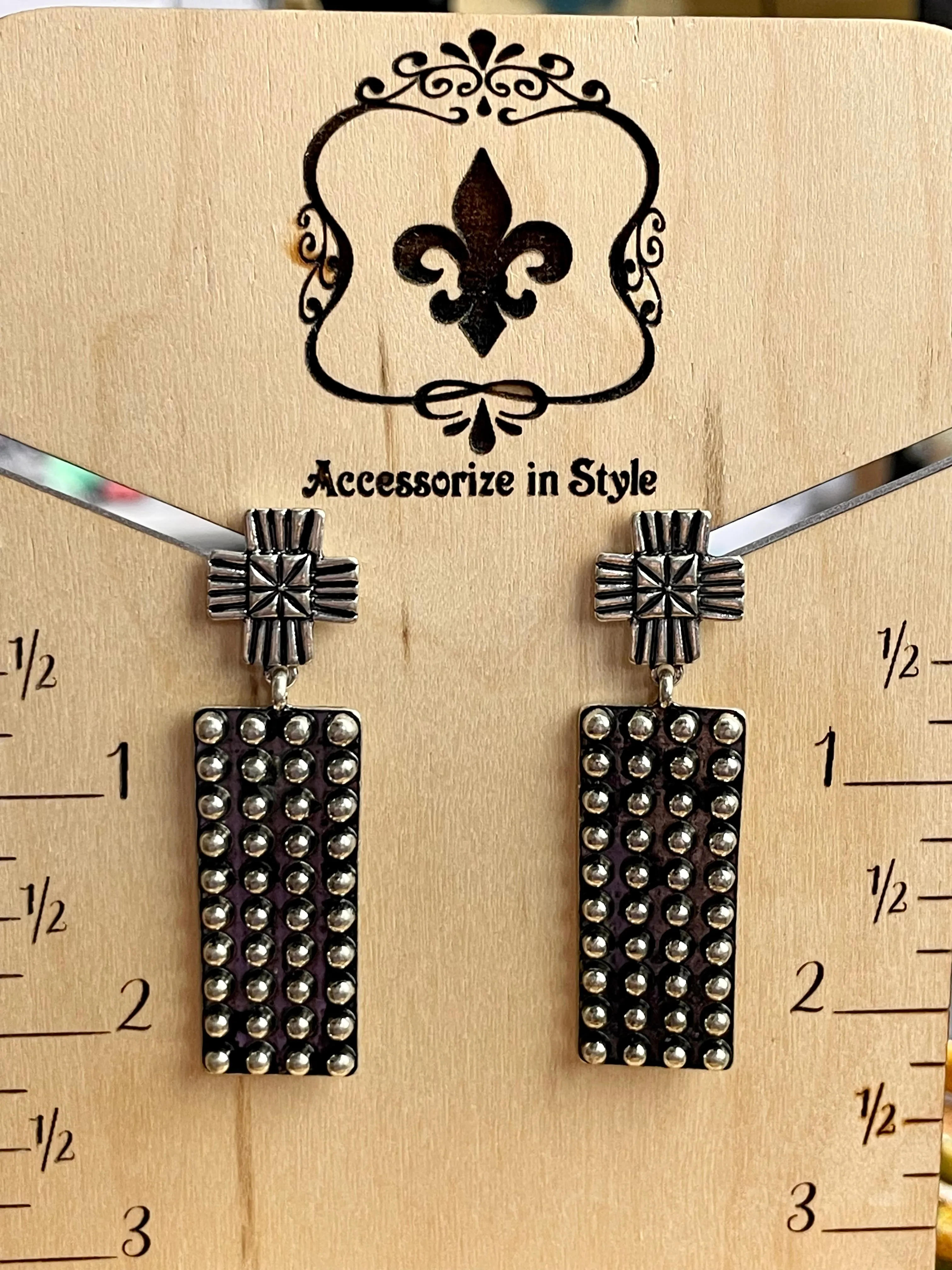 Bresse Fashion Silver Cross Post Dotted Rectangle Drop Earrings