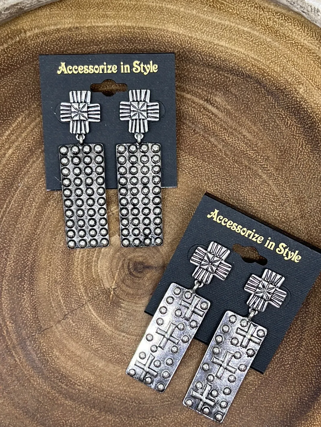 Bresse Fashion Silver Cross Post Dotted Rectangle Drop Earrings