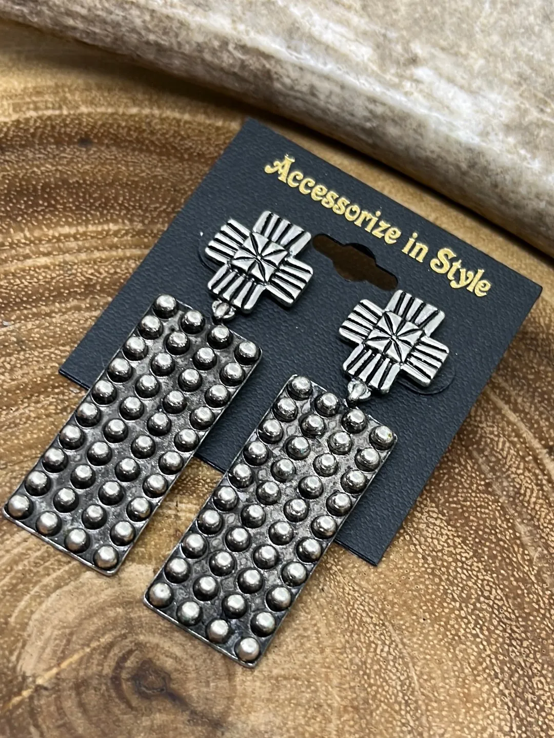 Bresse Fashion Silver Cross Post Dotted Rectangle Drop Earrings