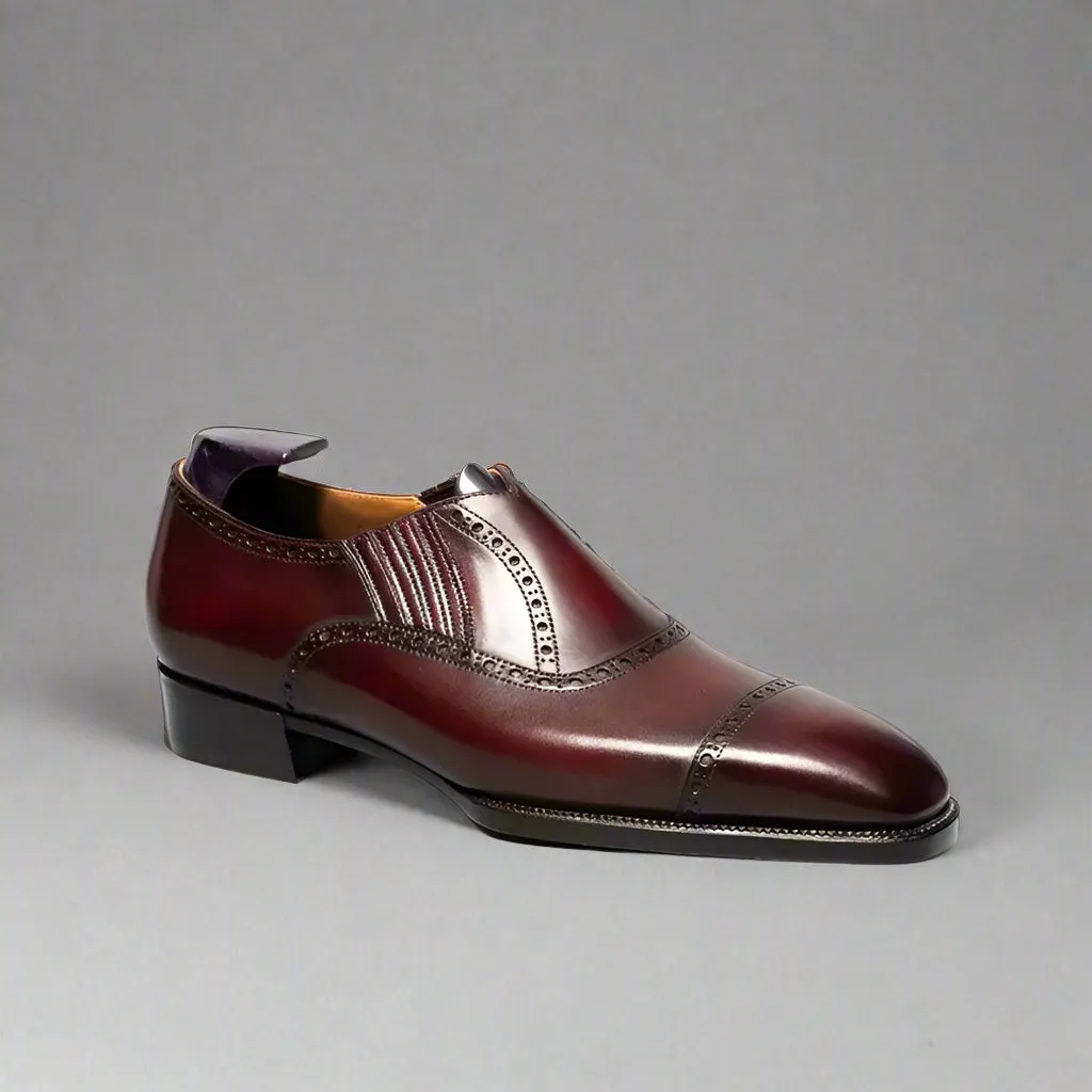 Burgundy Leather Midara Slip On Elasticated Loafers With Toe Cap - Formal Shoes