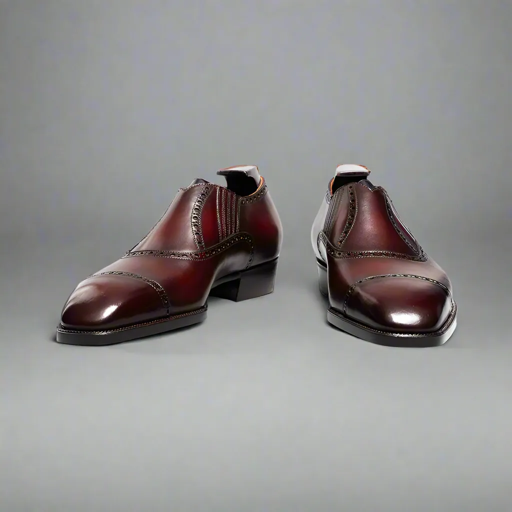 Burgundy Leather Midara Slip On Elasticated Loafers With Toe Cap - Formal Shoes