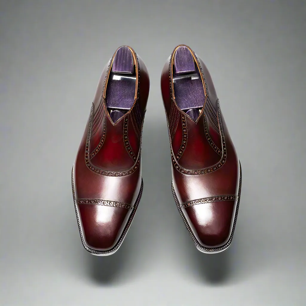 Burgundy Leather Midara Slip On Elasticated Loafers With Toe Cap - Formal Shoes