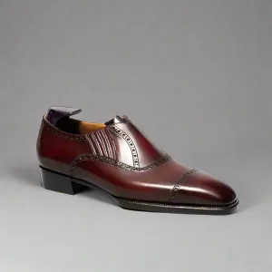 Burgundy Leather Midara Slip On Elasticated Loafers With Toe Cap - Formal Shoes