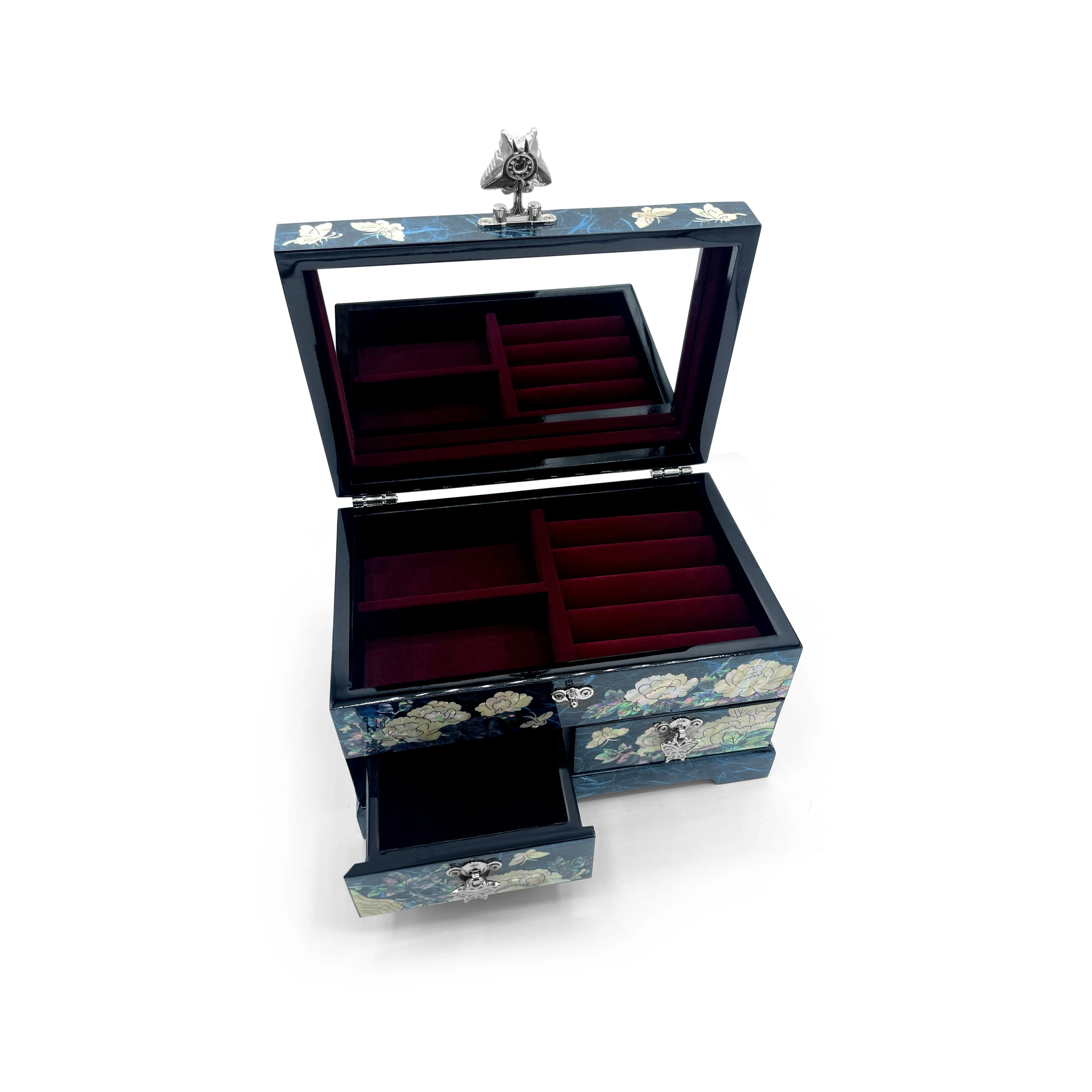 Butterflies and Lotus Blossom Mirrored Chest With Drawers