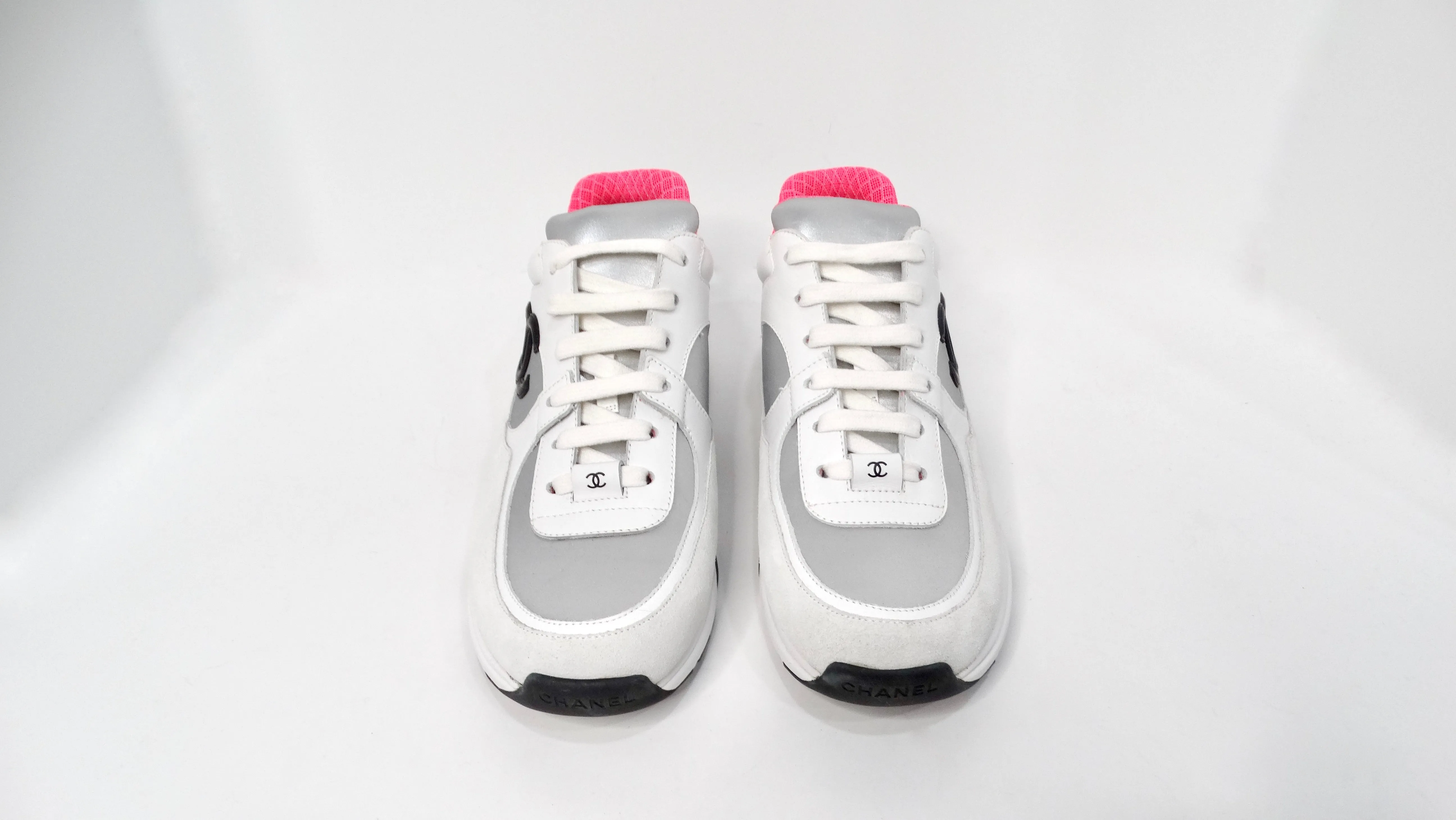 Chanel White Calfskin & Silver Satin Interlocking CC Sneakers