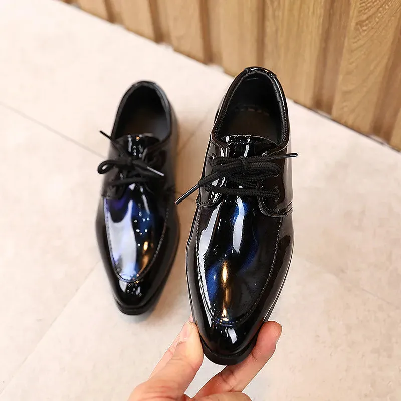 Children Patent Leather Shoes Fashion Pointed Toe Lace Up Boy Shoes Black Casual Dress Flats Comfortable Soft Sole Kids Shoes