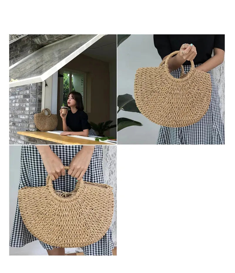 Christianartbag Handmade Bag, Summer & Autumn Handmade Bags for Women Beach Weaving Ladies Straw Bag Wrapped Beach Bag Moon shaped Top Handle Handbags Totes, CABHMB04141023.