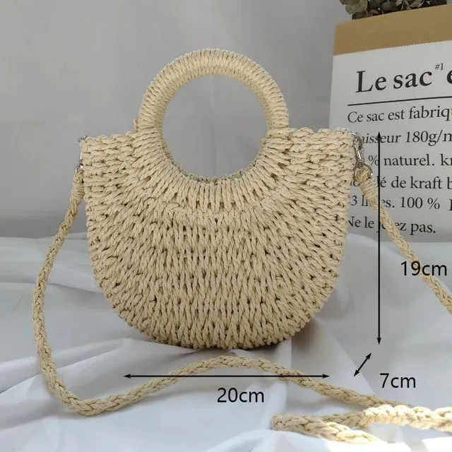 Christianartbag Handmade Bag, Summer & Autumn Handmade Bags for Women Beach Weaving Ladies Straw Bag Wrapped Beach Bag Moon shaped Top Handle Handbags Totes, CABHMB04141023.