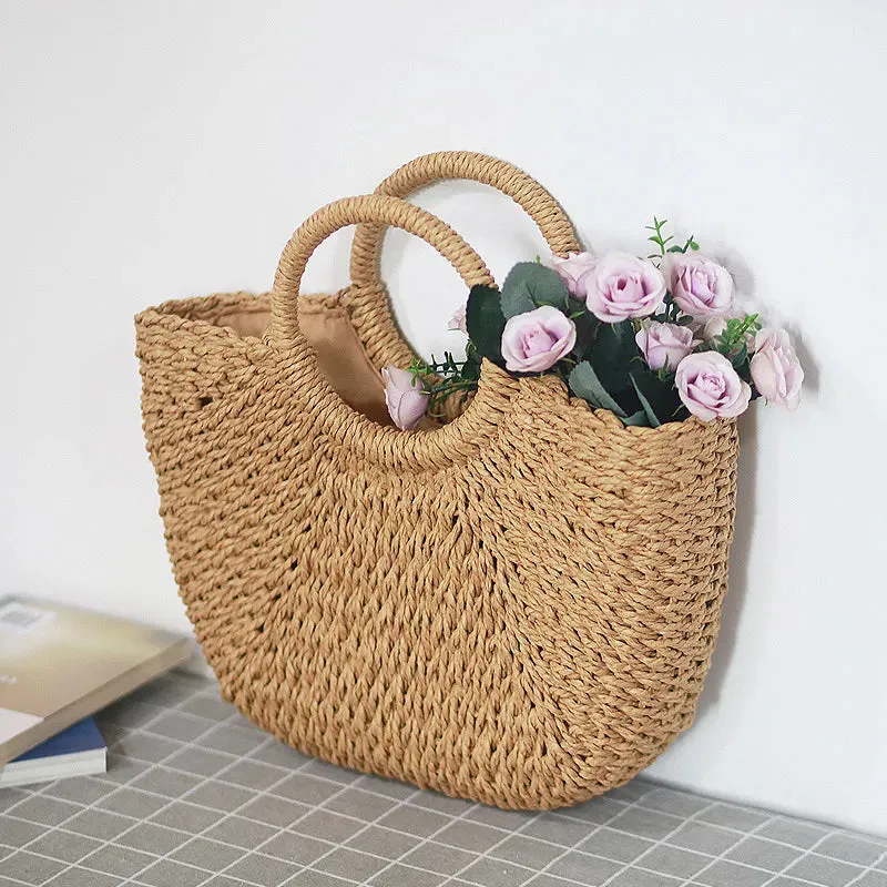 Christianartbag Handmade Bag, Summer & Autumn Handmade Bags for Women Beach Weaving Ladies Straw Bag Wrapped Beach Bag Moon shaped Top Handle Handbags Totes, CABHMB04141023.