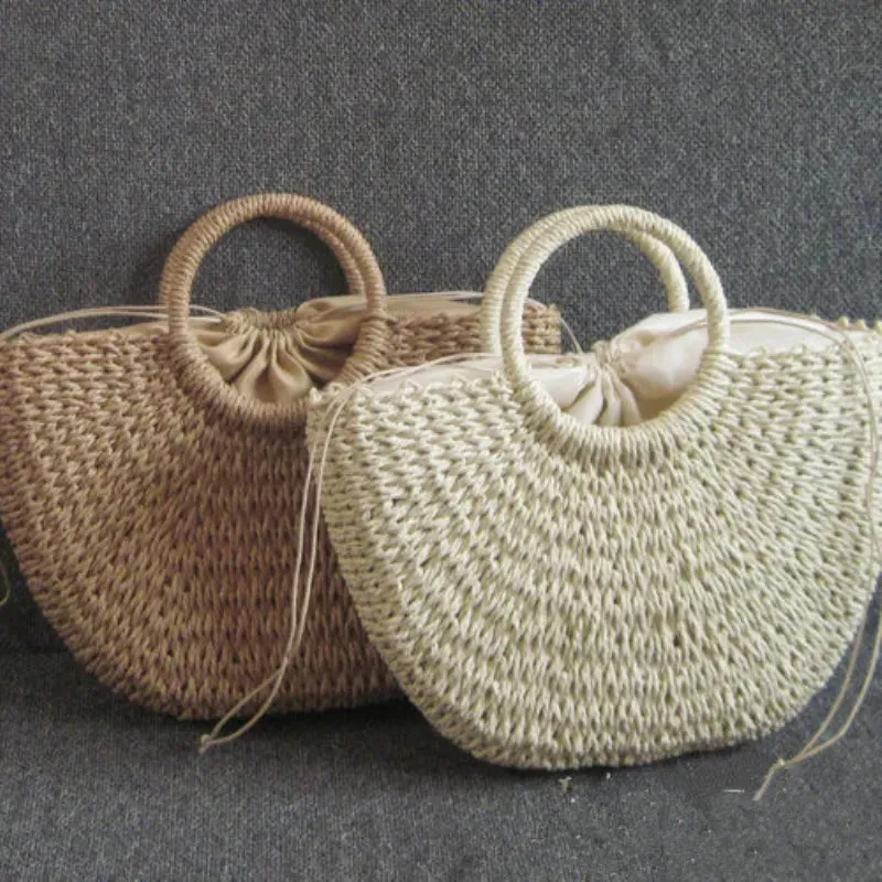 Christianartbag Handmade Bag, Summer & Autumn Handmade Bags for Women Beach Weaving Ladies Straw Bag Wrapped Beach Bag Moon shaped Top Handle Handbags Totes, CABHMB04141023.
