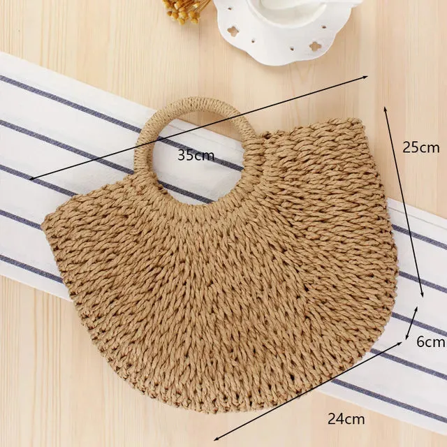 Christianartbag Handmade Bag, Summer & Autumn Handmade Bags for Women Beach Weaving Ladies Straw Bag Wrapped Beach Bag Moon shaped Top Handle Handbags Totes, CABHMB04141023.