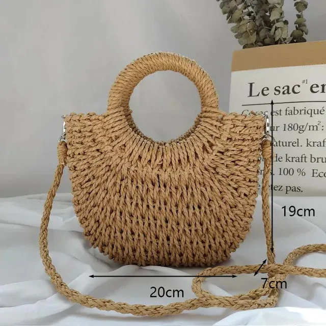 Christianartbag Handmade Bag, Summer & Autumn Handmade Bags for Women Beach Weaving Ladies Straw Bag Wrapped Beach Bag Moon shaped Top Handle Handbags Totes, CABHMB04141023.